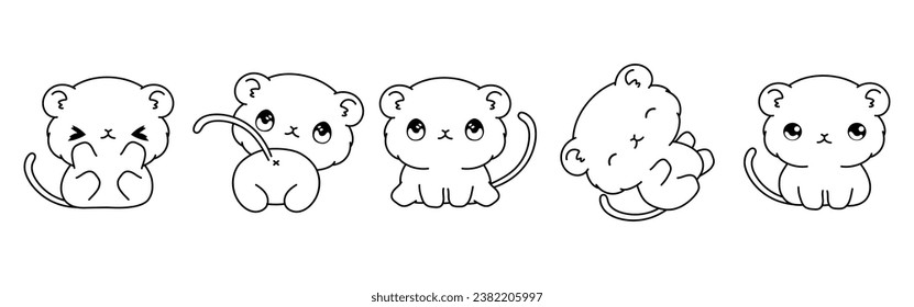 Set of Kawaii Isolated Gerbil Coloring Page. Collection of Cute Vector Cartoon Baby Pet Outline for Stickers, Baby Shower, Coloring Book, Prints for Clothes. 