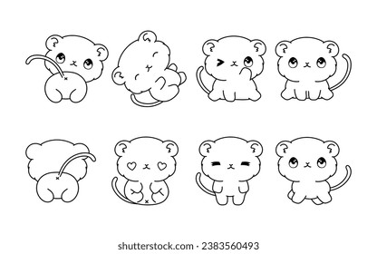 Set of Kawaii Isolated Gerbil Coloring Page. Collection of Cute Vector Cartoon Baby Pet Outline for Stickers, Baby Shower, Coloring Book, Prints for Clothes. 