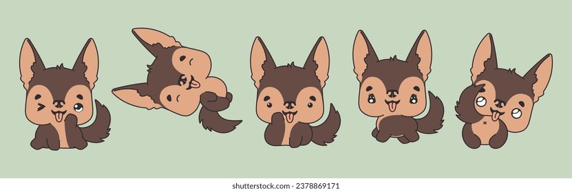 Set of Kawaii Isolated German Shepherd Dog. Collection of Vector Cartoon Animal Illustrations for Stickers, Baby Shower, Coloring Pages, Prints for Clothes. 