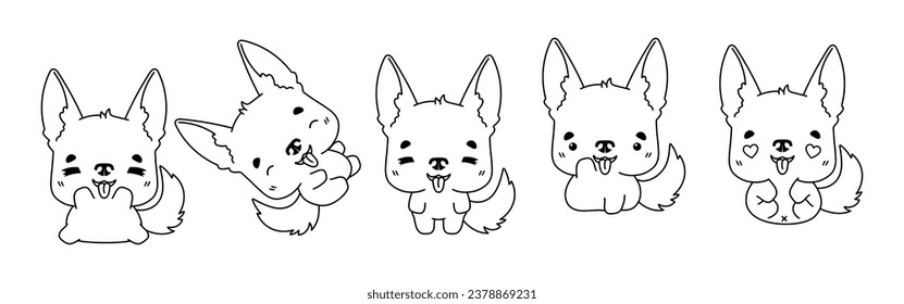 Set of Kawaii Isolated German Shepherd Dog Coloring Page. Collection of Cute Vector Cartoon Animal Outline for Stickers, Baby Shower, Coloring Book, Prints for Clothes. 