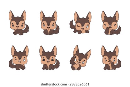 Set of Kawaii Isolated German Shepherd Dog. Collection of Vector Cartoon Animal Illustrations for Stickers, Baby Shower, Coloring Pages, Prints for Clothes. 