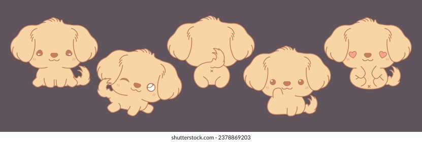 Set of Kawaii Isolated Golden Retriever Dog. Collection of Vector Cartoon Animal Illustrations for Stickers, Baby Shower, Coloring Pages, Prints for Clothes. 