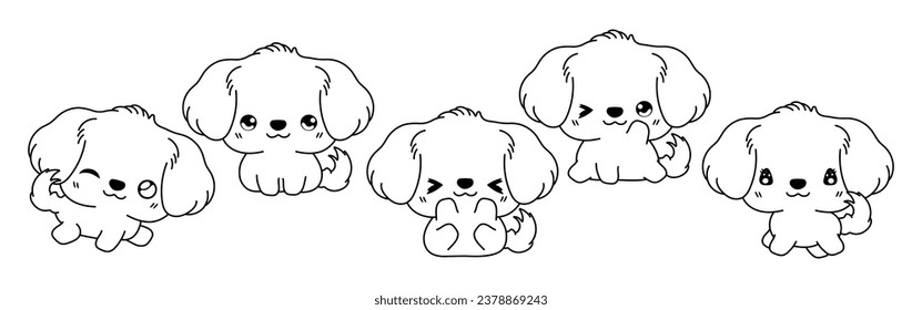Set of Kawaii Isolated Golden Retriever Dog Coloring Page. Collection of Cute Vector Cartoon Animal Outline for Stickers, Baby Shower, Coloring Book, Prints for Clothes. 