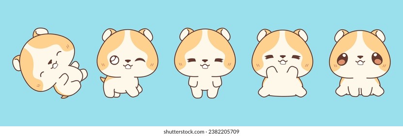 Set of Kawaii Isolated Hamster. Collection of Vector Cartoon Baby Animal Illustrations for Stickers, Baby Shower, Coloring Pages, Prints for Clothes. 