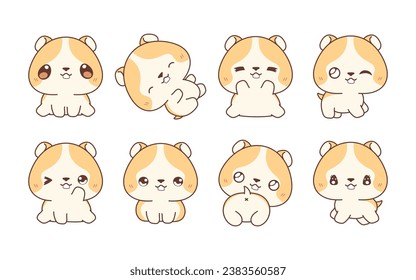 Set of Kawaii Isolated Hamster. Collection of Vector Cartoon Baby Animal Illustrations for Stickers, Baby Shower, Coloring Pages, Prints for Clothes. 