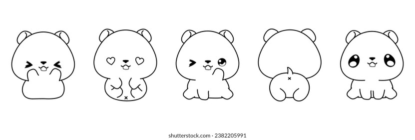 Set of Kawaii Isolated Hamster Coloring Page. Collection of Cute Vector Cartoon Animal Outline for Stickers, Baby Shower, Coloring Book, Prints for Clothes. 