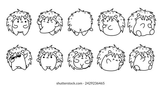 Set of Kawaii Isolated Hedgehog Coloring Page. Collection of Cute Vector Cartoon Forest Animal Outline for Stickers, Baby Shower, Coloring Book, Prints for Clothes.
