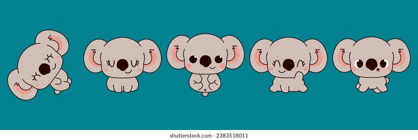 Set of Kawaii Isolated Koala. Collection of Vector Cartoon Animal Illustrations for Stickers, Baby Shower, Coloring Pages, Prints for Clothes. 