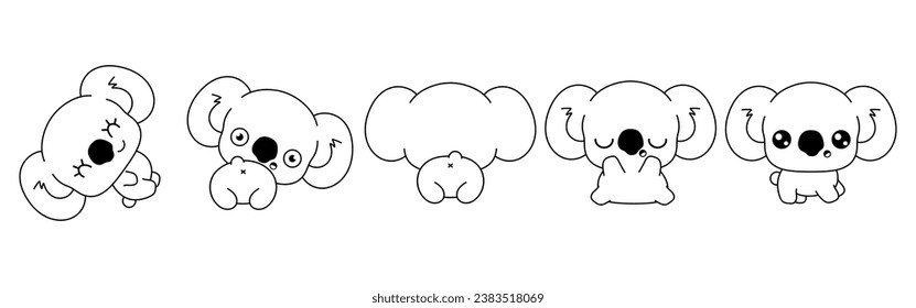 Set of Kawaii Isolated Koala Coloring Page. Collection of Cute Vector Cartoon Animal Outline for Stickers, Baby Shower, Coloring Book, Prints for Clothes. 