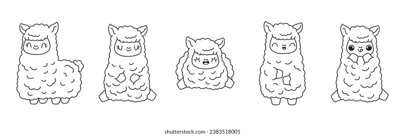 Set of Kawaii Isolated Llama Coloring Page. Collection of Cute Vector Cartoon Baby Lama Outline for Stickers, Baby Shower, Coloring Book, Prints for Clothes. 