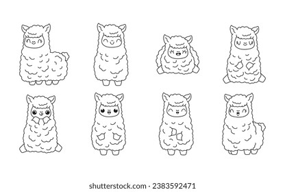 Set of Kawaii Isolated Llama Coloring Page. Collection of Cute Vector Cartoon Baby Lama Outline for Stickers, Baby Shower, Coloring Book, Prints for Clothes. 