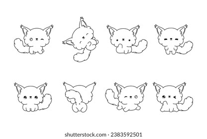 Set of Kawaii Isolated Maine Coon Cat Coloring Page. Collection of Cute Vector Cartoon Cat Outline for Stickers, Baby Shower, Coloring Book, Prints for Clothes. 