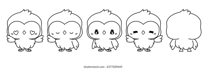 Set of Kawaii Isolated Owl Coloring Page. Collection of Cute Vector Cartoon Bird Outline for Stickers, Baby Shower, Coloring Book, Prints for Clothes. 