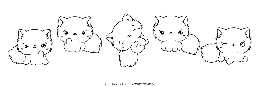 Set of Kawaii Isolated Persian Cat Coloring Page. Collection of Cute Vector Cartoon Kitten Outline for Stickers, Baby Shower, Coloring Book, Prints for Clothes. 