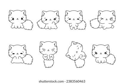 Set of Kawaii Isolated Persian Cat Coloring Page. Collection of Cute Vector Cartoon Kitten Outline for Stickers, Baby Shower, Coloring Book, Prints for Clothes. 