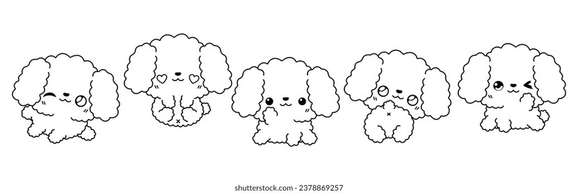 Set of Kawaii Isolated Poodle Dog Coloring Page. Collection of Cute Vector Cartoon Puppy Outline for Stickers, Baby Shower, Coloring Book, Prints for Clothes. 