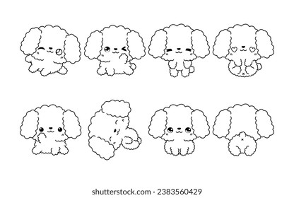 Juego de páginas de colorear perro caniche aislado de Kawaii. Colección de Rótulo de Cachorro de Vector Cuto para Pegatinas, Ducha para Bebé, Libro de Colores, Impresiones para Ropa. 