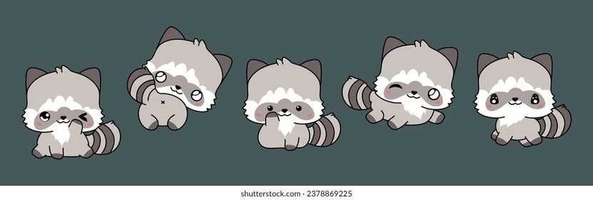 Conjunto de Kawaii Raccoon Aislado. Colección de ilustraciones de animales de la selva vectora para pegatinas, ducha para bebés, páginas de colorantes, impresiones para ropa. 