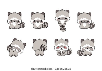 Set of Kawaii Isolated Raccoon. Collection of Vector Cartoon Forest Animal Illustrations for Stickers, Baby Shower, Coloring Pages, Prints for Clothes. 