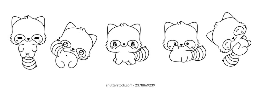 Set of Kawaii Isolated Raccoon Coloring Page. Collection of Cute Vector Cartoon Forest Animal Outline for Stickers, Baby Shower, Coloring Book, Prints for Clothes. 