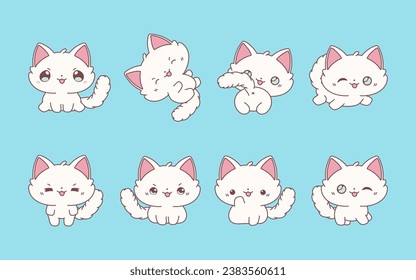 Set of Kawaii Isolated Ragdoll Cat. Collection of Vector Cartoon Baby Animal Illustrations for Stickers, Baby Shower, Coloring Pages, Prints for Clothes. 