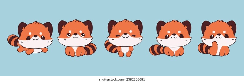 Set of Kawaii Isolated Red Panda. Collection of Vector Cartoon Baby Animal Illustrations for Stickers, Baby Shower, Coloring Pages, Prints for Clothes. 