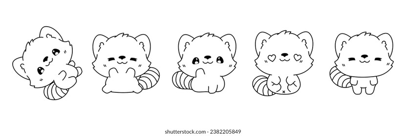 Set of Kawaii Isolated Red Panda Coloring Page. Collection of Cute Vector Cartoon Baby Animal Outline for Stickers, Baby Shower, Coloring Book, Prints for Clothes. 