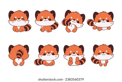 Set of Kawaii Isolated Red Panda. Collection of Vector Cartoon Baby Animal Illustrations for Stickers, Baby Shower, Coloring Pages, Prints for Clothes. 