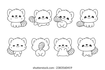 Set of Kawaii Isolated Red Panda Coloring Page. Collection of Cute Vector Cartoon Baby Animal Outline for Stickers, Baby Shower, Coloring Book, Prints for Clothes. 