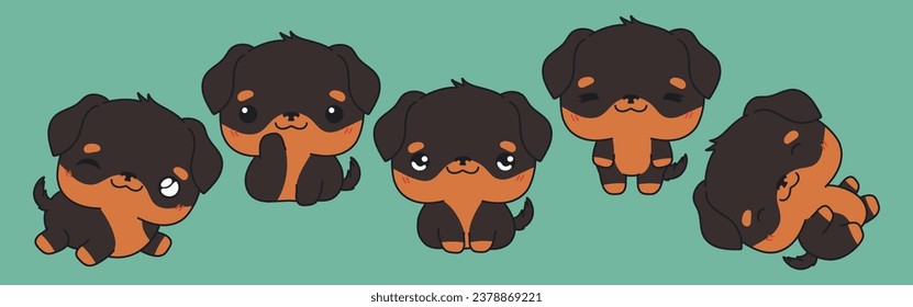 Set of Kawaii Isolated Rottweiler Dog. Collection of Vector Cartoon Animal Illustrations for Stickers, Baby Shower, Coloring Pages, Prints for Clothes. 