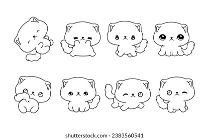 Set of Kawaii Isolated Scottish Fold Kitty Coloring Page. Collection of Cute Vector Cartoon Baby Animal Outline for Stickers, Baby Shower, Coloring Book, Prints for Clothes. 