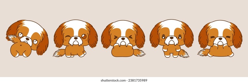 Set of Kawaii Isolated Shih Tzu Puppy. Collection of Vector Cartoon Dog Illustrations for Stickers, Baby Shower, Coloring Pages, Prints for Clothes. 