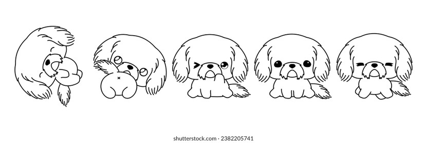 Set of Kawaii Isolated Shih Tzu Puppy Coloring Page. Collection of Cute Vector Cartoon Dog Outline for Stickers, Baby Shower, Coloring Book, Prints for Clothes.  svg