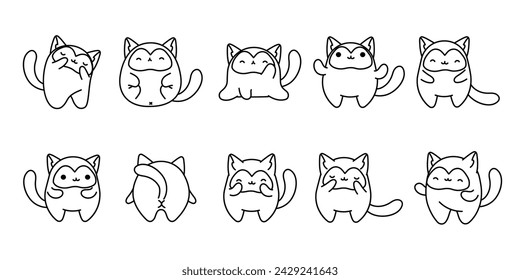 Set of Kawaii Isolated Siame Cat Coloring Page. Collection of Cute Vector Cartoon Kitten Animal Outline for Stickers, Baby Shower, Coloring Book, Prints for Clothes.
