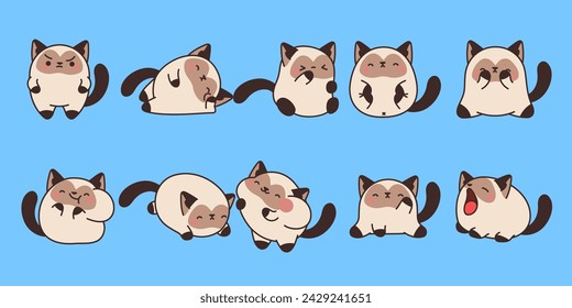 Juego de gatos de siame aislados Kawaii. Colección de dibujos animados vectoriales de gatito ilustraciones de animales para pegatinas, Baby Shower, páginas para colorear, estampados para ropa.
