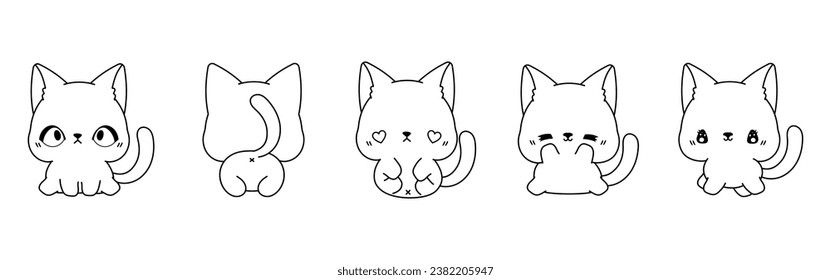 Set of Kawaii Isolated Siamese Cat Coloring Page. Collection of Cute Vector Cartoon Kitten Outline for Stickers, Baby Shower, Coloring Book, Prints for Clothes. 