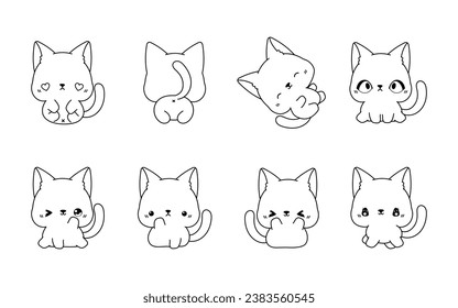 Set of Kawaii Isolated Siamese Cat Coloring Page. Collection of Cute Vector Cartoon Kitten Outline for Stickers, Baby Shower, Coloring Book, Prints for Clothes. 