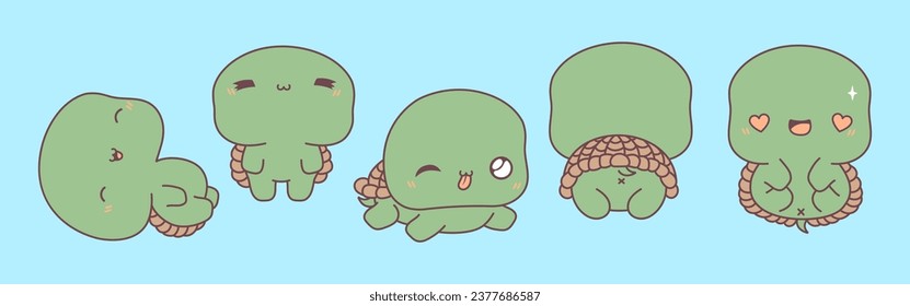 Set of Kawaii Isolated Turtle. Collection of Vector Cartoon Animal Illustrations for Stickers, Baby Shower, Coloring Pages, Prints for Clothes. 