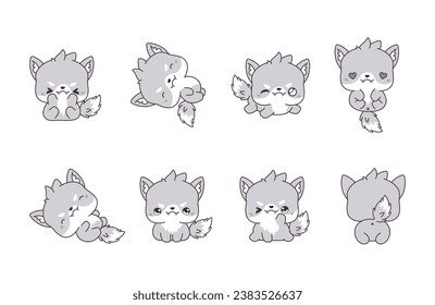 Set of Kawaii Isolated Wolf. Collection of Vector Cartoon Animal Illustrations for Stickers, Baby Shower, Coloring Pages, Prints for Clothes. 