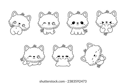 Set of Kawaii Isolated Yorkshire Terrier Dog Coloring Page. Collection of Cute Vector Cartoon Puppy Outline for Stickers, Baby Shower, Coloring Book, Prints for Clothes. 