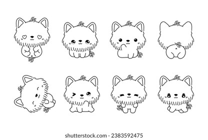 Set of Kawaii Isolated Yorkshire Terrier Dog Coloring Page. Collection of Cute Vector Cartoon Puppy Outline for Stickers, Baby Shower, Coloring Book, Prints for Clothes. 