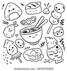 set of kawaii japan food cartoon outline doodle