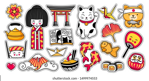 Set of kawaii japanese cartoon stickers. Kokeshi doll, maneki-neko, carps, origami, fuji, sushi, manga, ginko leaf, taiyaki fish, torii. Vector illustrations.