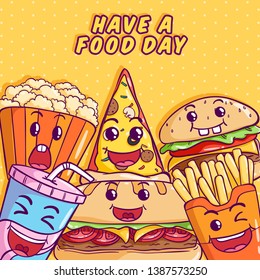 Set of kawaii junk food with cute face or expression on colorful background