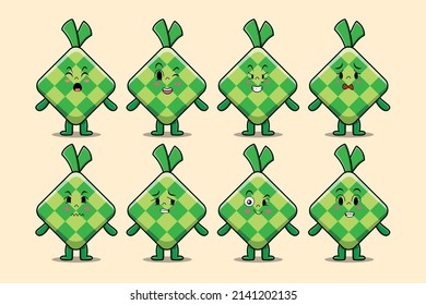Set kawaii ketupat cartoon character with different expressions of cartoon face vector illustrations