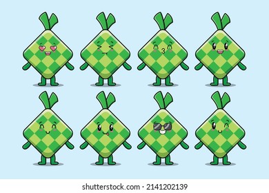 Set kawaii ketupat cartoon character with different expressions of cartoon face vector illustrations