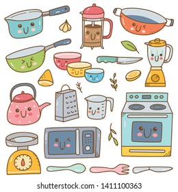 conjunto de doodles de equipo de cocina kawaii