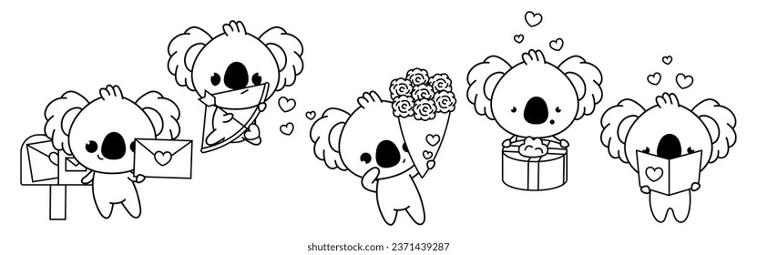 Set of Kawaii Koala Bear Coloring Page Illustrations. Collection of Cute Vector Isolated Koala Outline Illustrations. Cute Vector Animals in Love for Coloring Book 