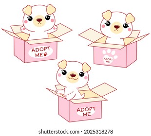 Set of kawaii little white puppies in boxes. Inscription Adopt me. Help homeless animals find a home. Animal care, adoption concept. Adopt a Friend. Vector illustration EPS8 