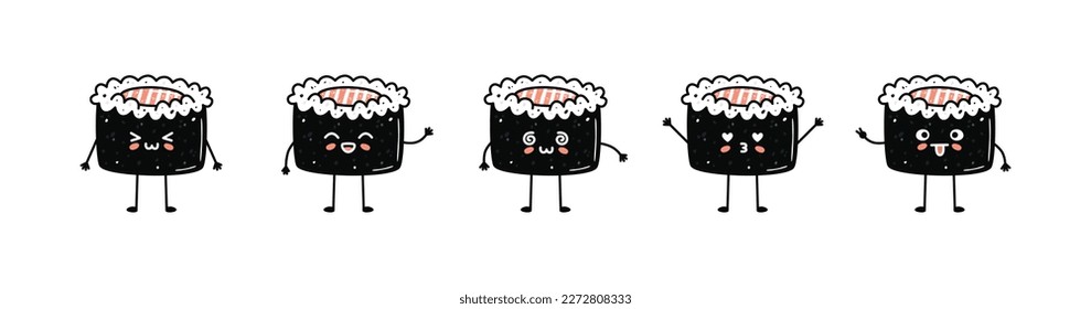 Set of kawaii maki sushi mascots in cartoon style. Cute hand drawn asian food for menu